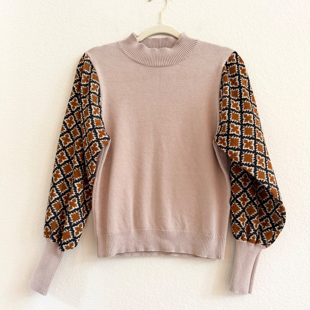 THML Womens XS Pink Mock Neck Sweater Geometric Print Balloon Sleeve Oversized